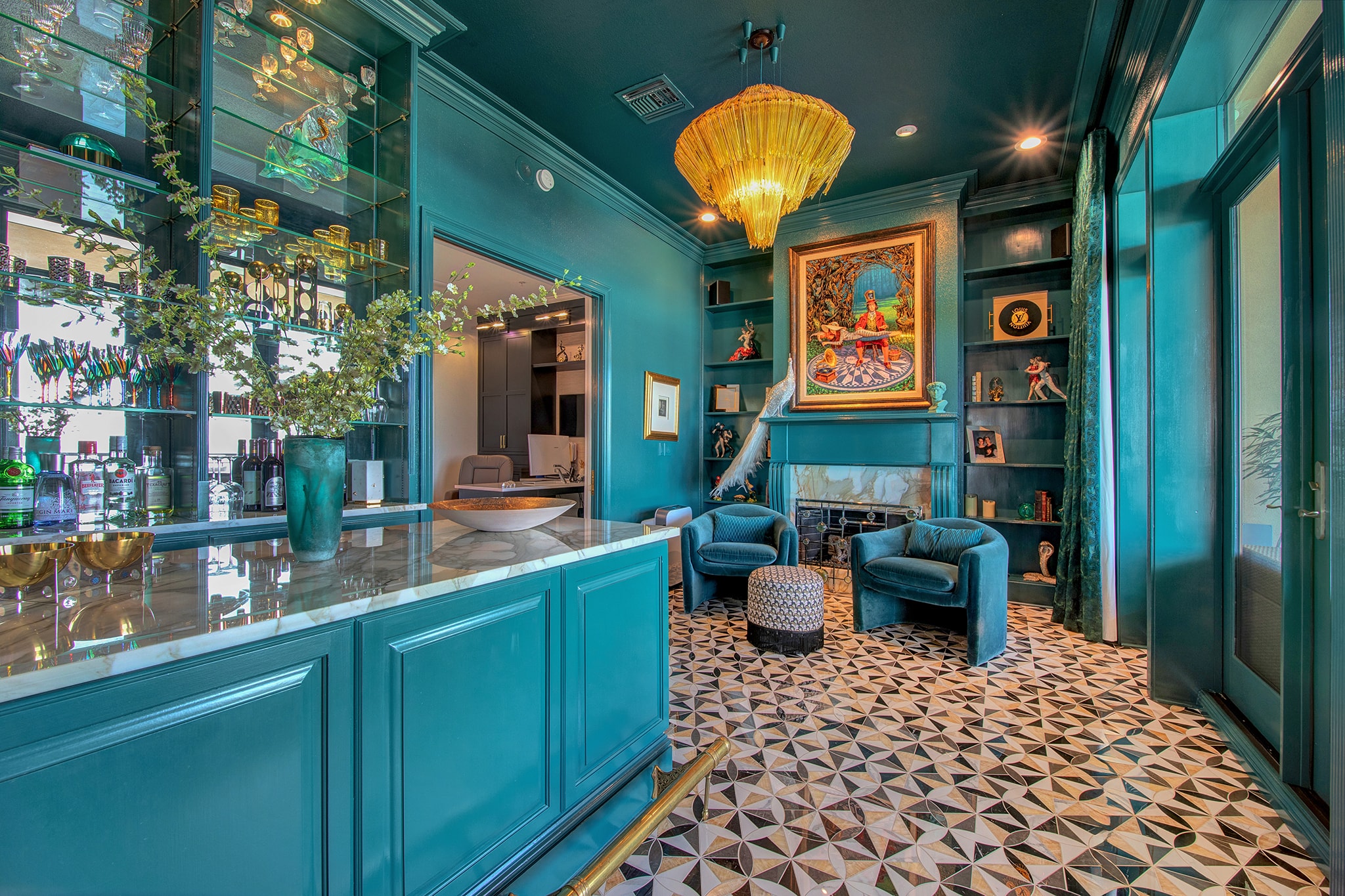 Luxury bar room interior with teal walls and geometric tile